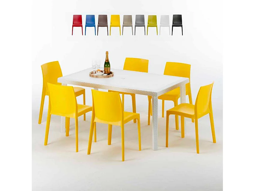 Weiß Rechteckig Tisch und 6 Stühle Farbiges Polypropylen-Außenmastenset Grand Soleil Rome Summerlife - Gelb