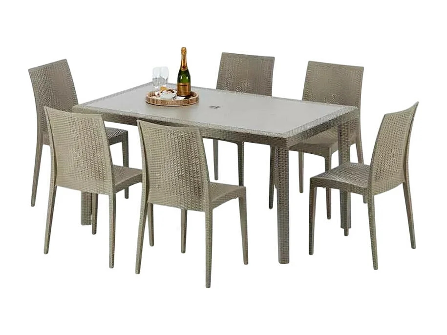 Polyrattan Tisch Rechteckig mit 6 Bunten Stühlen 150x90 Beige Marion