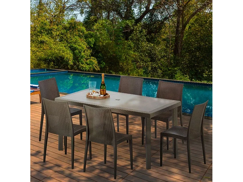 Polyrattan Tisch Rechteckig mit 6 Bunten Stühlen 150x90 Beige Marion