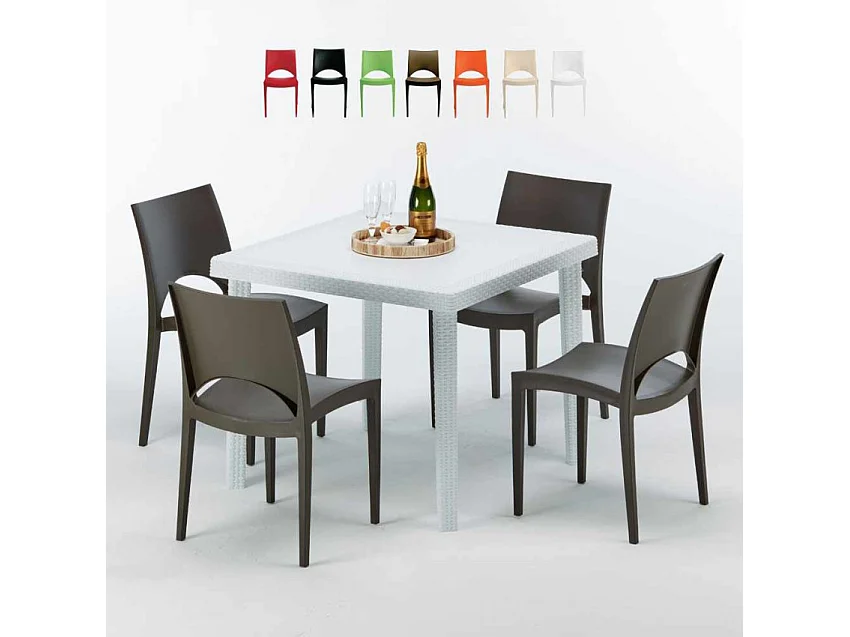 Weiß Quadratisch Tisch und 4 Stühle Farbiges Polypropylen-Außenmastenset Grand Soleil Paris Love - Braun