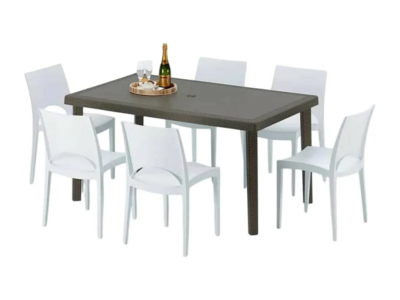 Polyrattan Tisch Rechteckig mit 6 Bunten Stühlen 150x90 Braun Focus