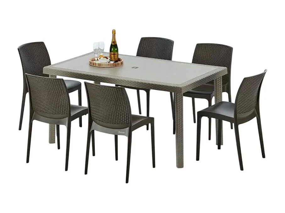 Polyrattan Tisch Rechteckig mit 6 Bunten Stühlen 150x90 Beige Marion