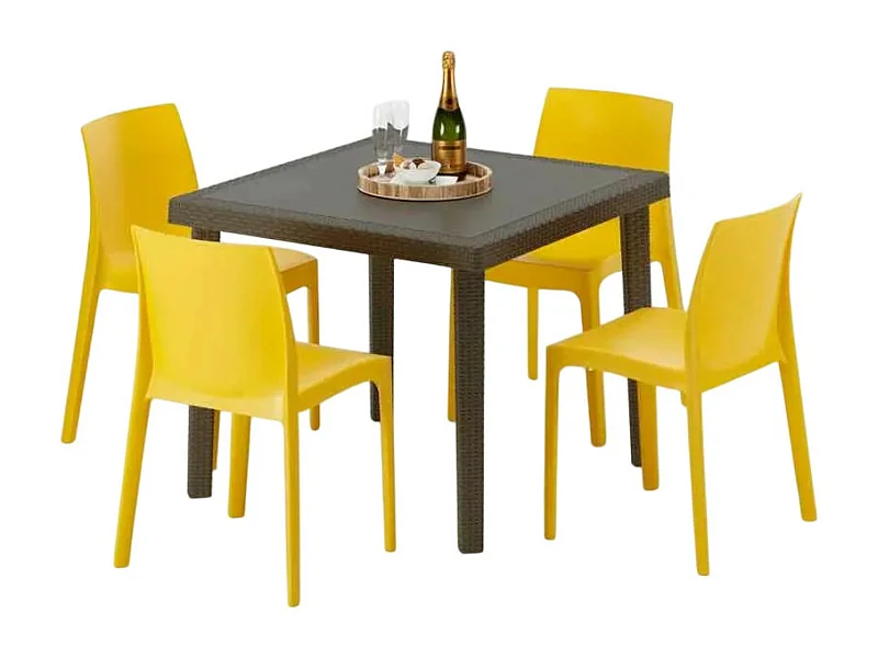 Poly Rattan Tisch Quadratisch mit 4 Bunten Stühlen 90x90 Braun Brown Passion