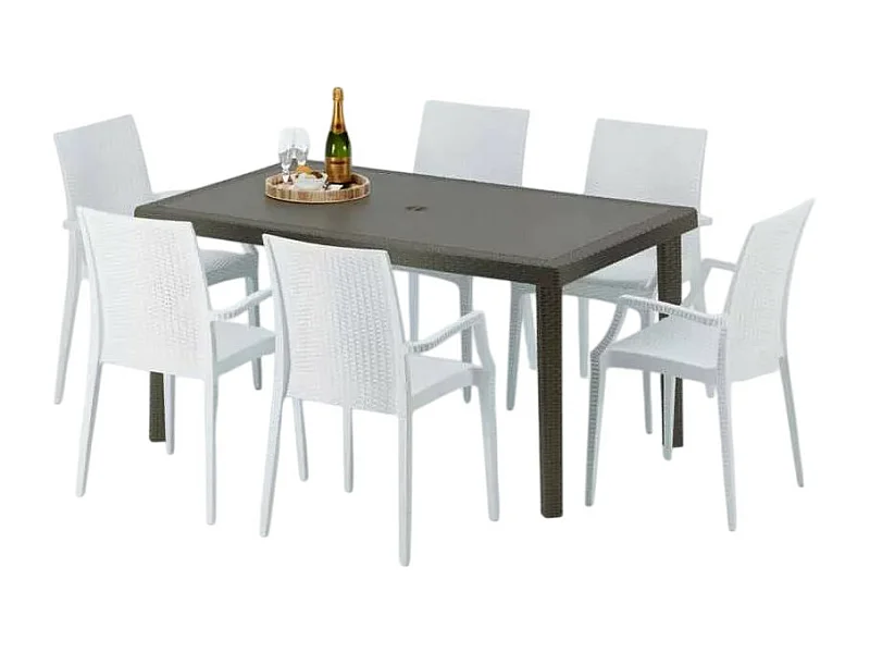 Polyrattan Tisch Rechteckig mit 6 Bunten Stühlen 150x90 Braun Focus