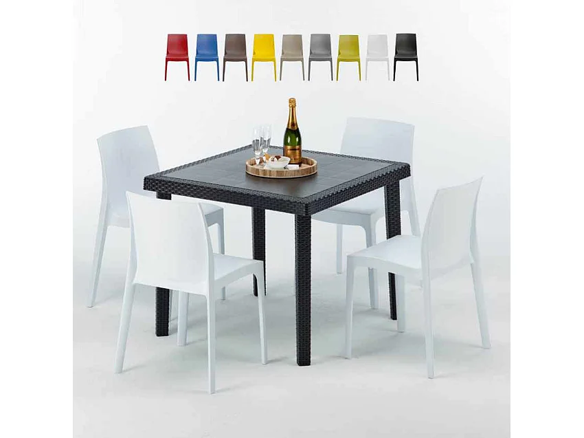 Schwarz Quadratisch Tisch und 4 Stühle Farbiges Polypropylen-Außenmastenset Grand Soleil Rome Passion - Weiß
