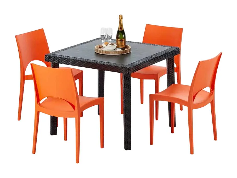 Schwarz Quadratisch Tisch und 4 Stühle Farbiges Polypropylen-Außenmastenset Grand Soleil Paris Passion - Orange