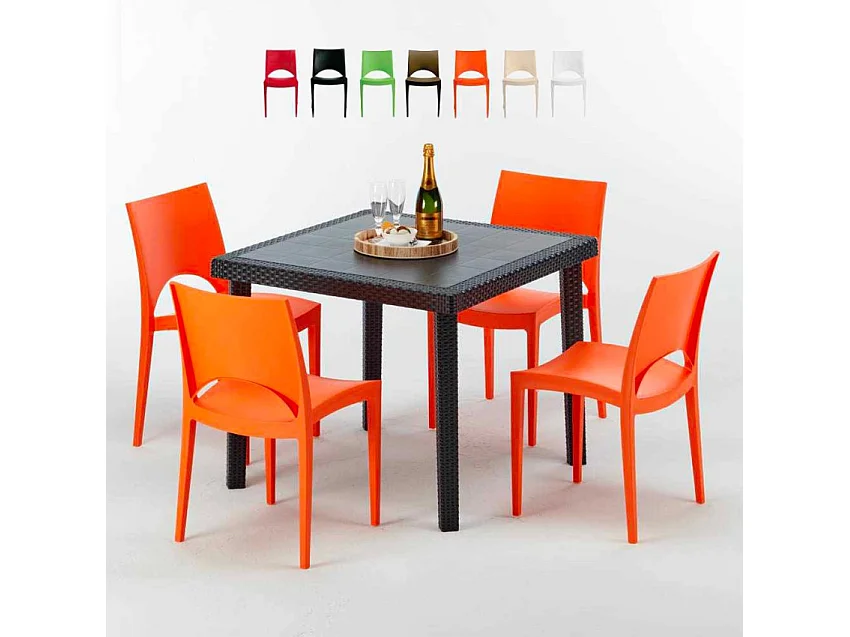 Schwarz Quadratisch Tisch und 4 Stühle Farbiges Polypropylen-Außenmastenset Grand Soleil Paris Passion - Orange