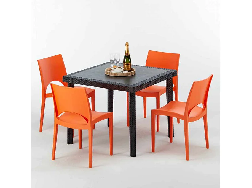 Schwarz Quadratisch Tisch und 4 Stühle Farbiges Polypropylen-Außenmastenset Grand Soleil Paris Passion - Orange
