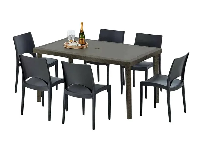 Polyrattan Tisch Rechteckig mit 6 Bunten Stühlen 150x90 Braun Focus