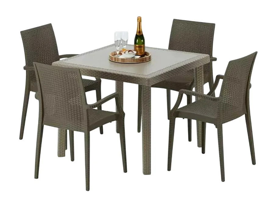 Polyrattan Tisch Quadratisch mit 4 Bunten Stühlen 90x90 Beige Elegance