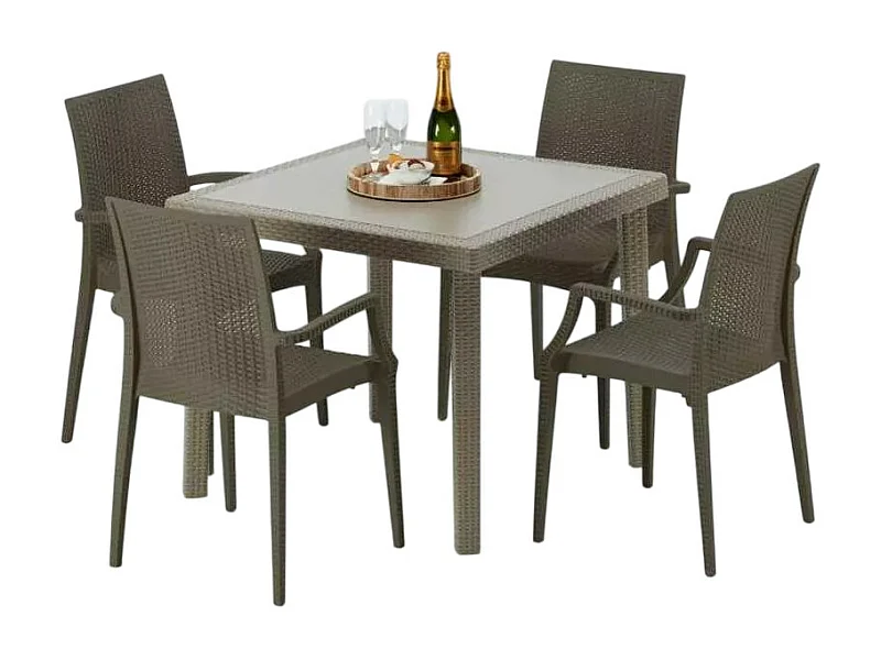 Polyrattan Tisch Quadratisch mit 4 Bunten Stühlen 90x90 Beige Elegance