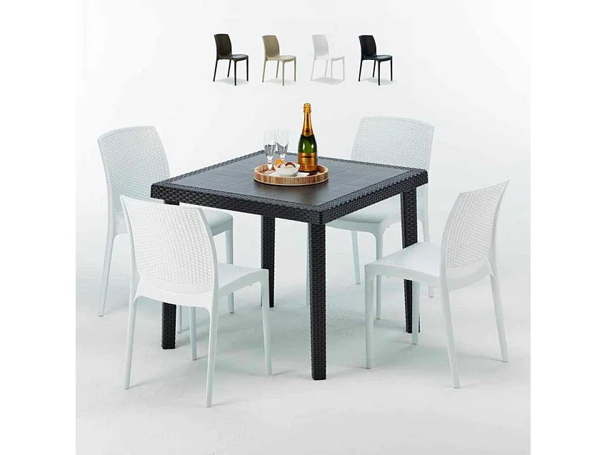 Schwarz Quadratisch Tisch und 4 Stühle Farbiges Polypropylen-Außenmastenset Grand Soleil Boheme Passion - Weiß
