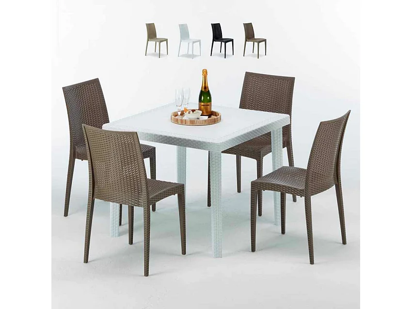 Weiß Quadratisch Tisch und 4 Stühle Farbiges Polypropylen-Außenmastenset Grand Soleil Bistrot Love - Braun