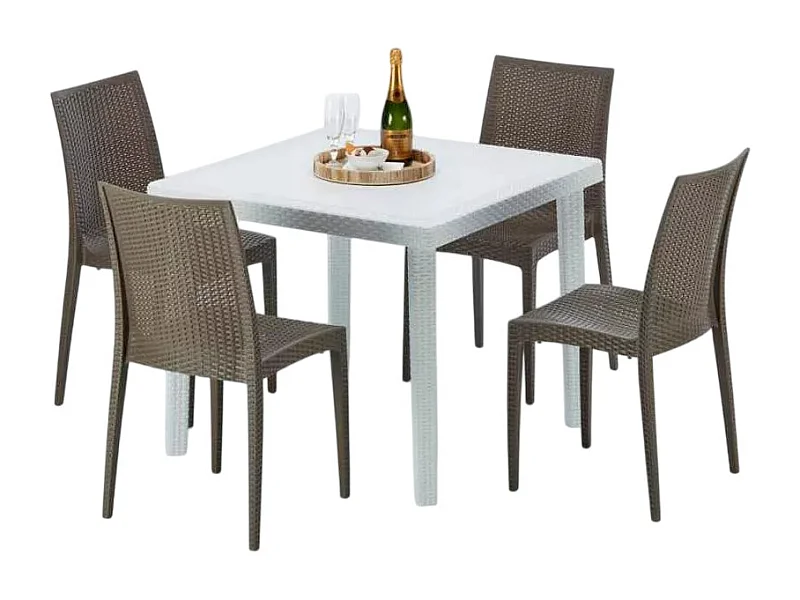 Weiß Quadratisch Tisch und 4 Stühle Farbiges Polypropylen-Außenmastenset Grand Soleil Bistrot Love - Braun