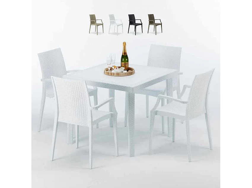 Weiß Quadratisch Tisch und 4 Stühle Farbiges Polypropylen-Außenmastenset Grand Soleil Arm Bistrot Love - Weiß