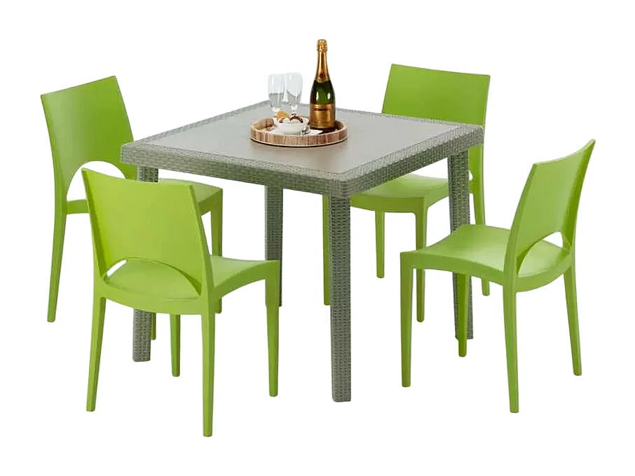 Polyrattan Tisch Quadratisch mit 4 Bunten Stühlen 90x90 Beige Elegance