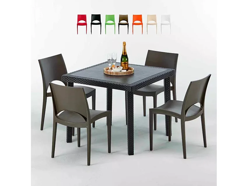 Schwarz Quadratisch Tisch und 4 Stühle Farbiges Polypropylen-Außenmastenset Grand Soleil Paris Passion - Braun