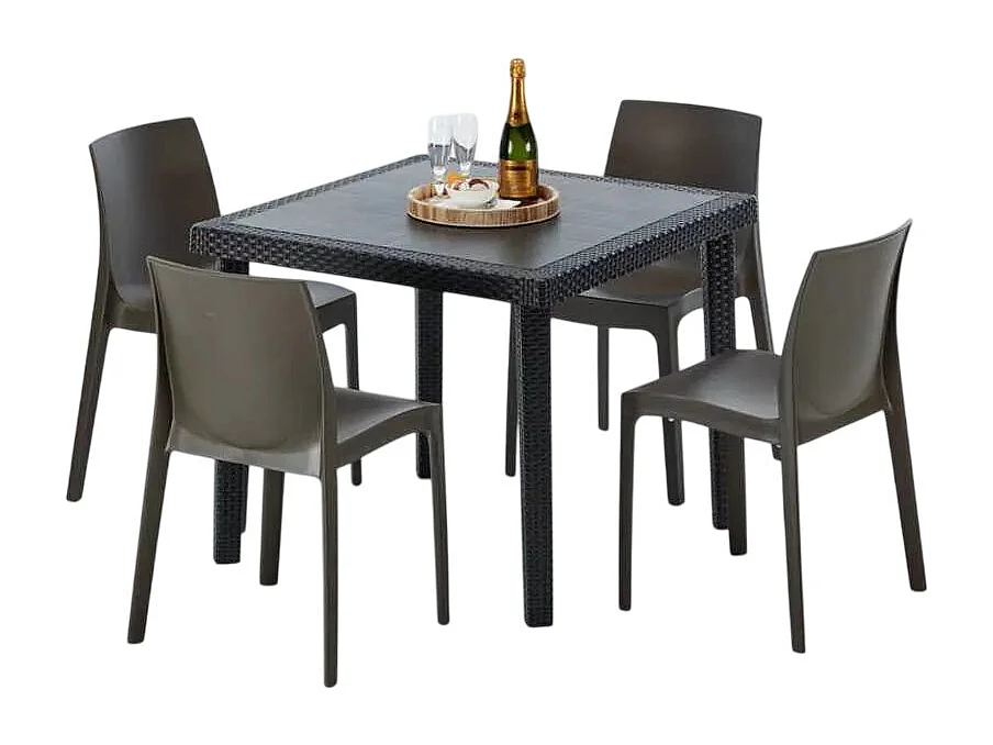 Schwarz Quadratisch Tisch und 4 Stühle Farbiges Polypropylen-Außenmastenset Grand Soleil Rome Passion - Braun