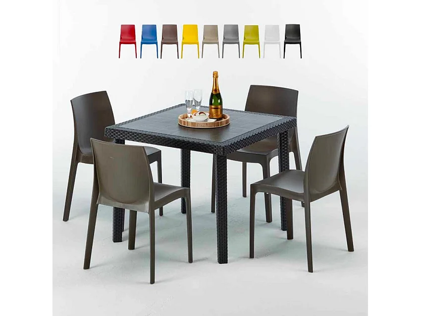 Schwarz Quadratisch Tisch und 4 Stühle Farbiges Polypropylen-Außenmastenset Grand Soleil Rome Passion - Braun