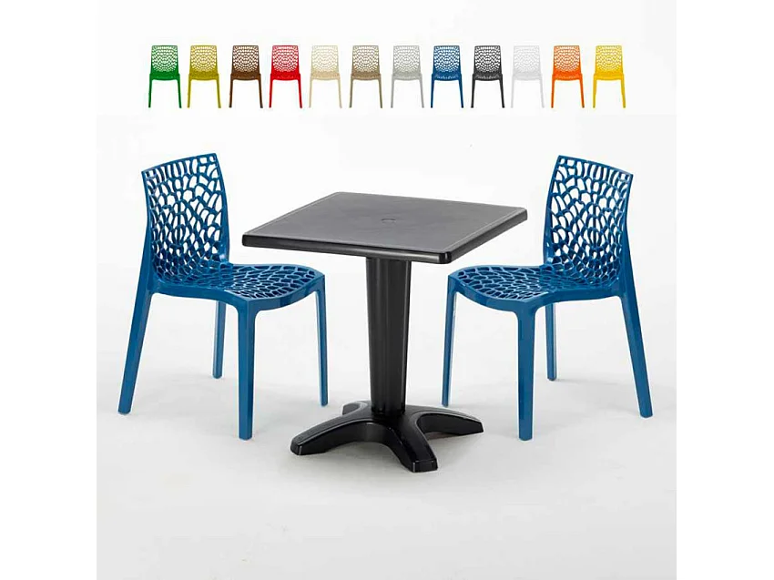 Schwarz Quadratisch Tisch und 2 Stühle Farbiges Polypropylen-Innenmastenset Grand Soleil Gruvyer Aia - Blau