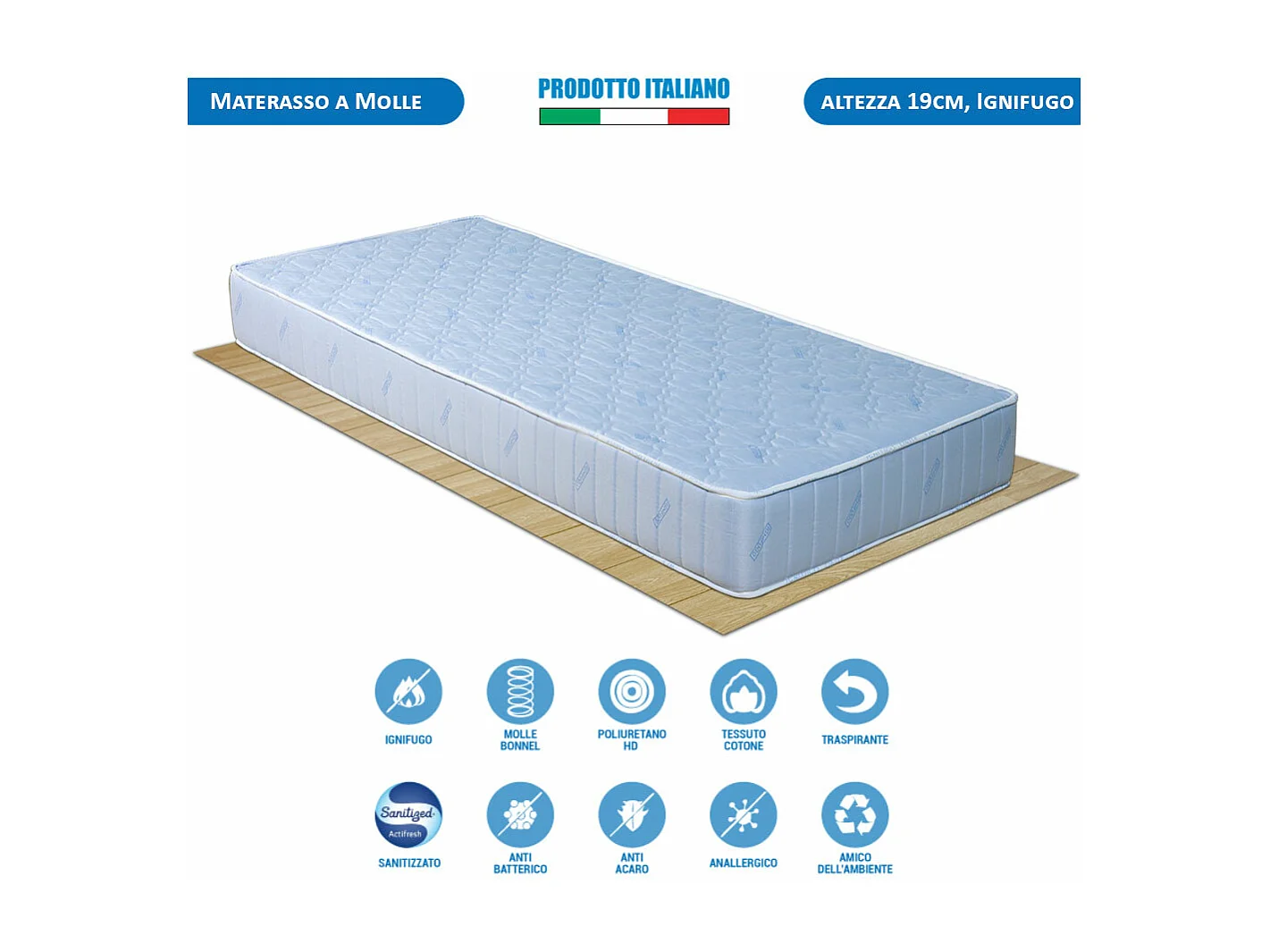 Materasso Ignifugo Bonnel singolo 80x190 cm, altezza 19 cm, classe 1IM, autoestinguente, per B&B e hotel – Comprarredo