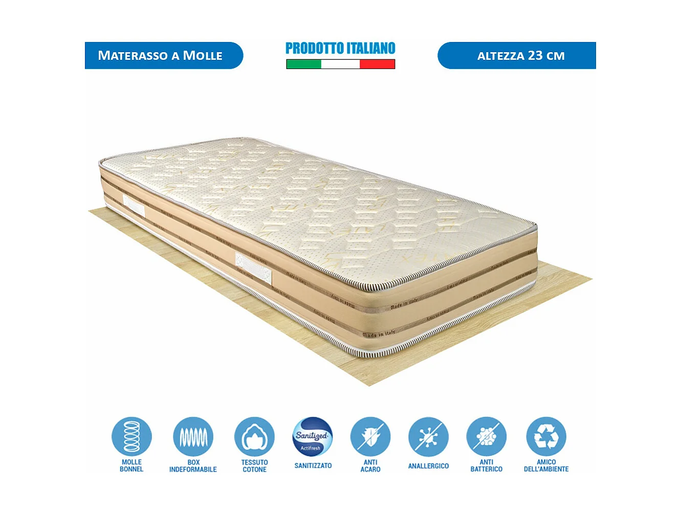 Materasso Corfù a molle in acciaio temperato, singolo 80x190 cm, altezza 23 cm, supporto perimetrale rinforzato – Comprarredo