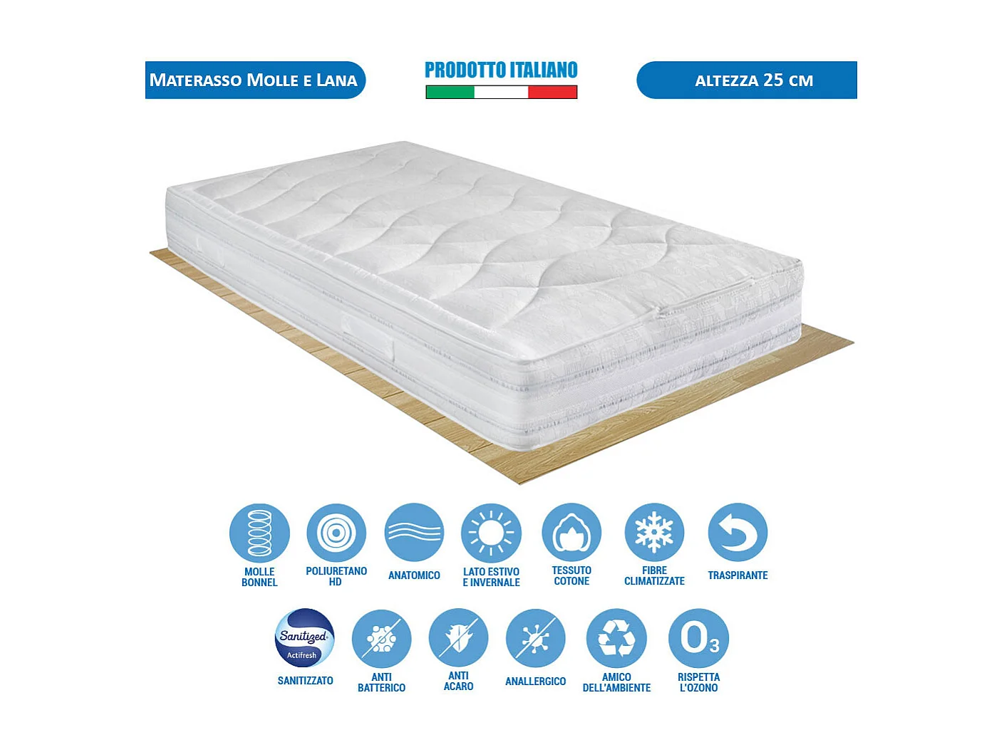 Materasso rigido Messico fino a 130 kg, piazza e mezza 120x190 cm, altezza 25 cm, lato estate/inverno con lana – Comprarredo