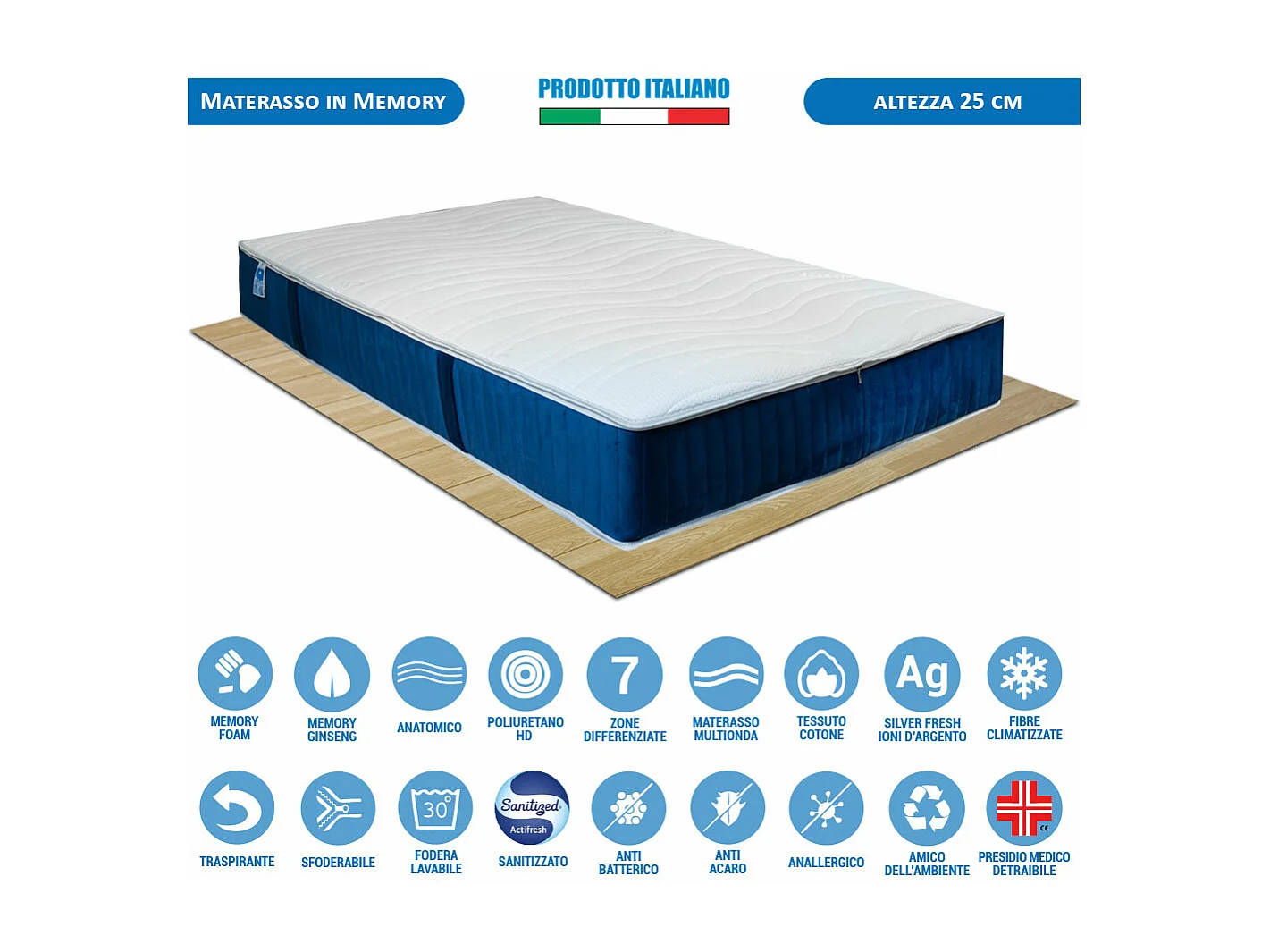 Materasso memory Florida Ginseng multionda 3 strati, piazza e mezza 120x190 7 zone, fodera ioni d’argento H25 – Comprarredo