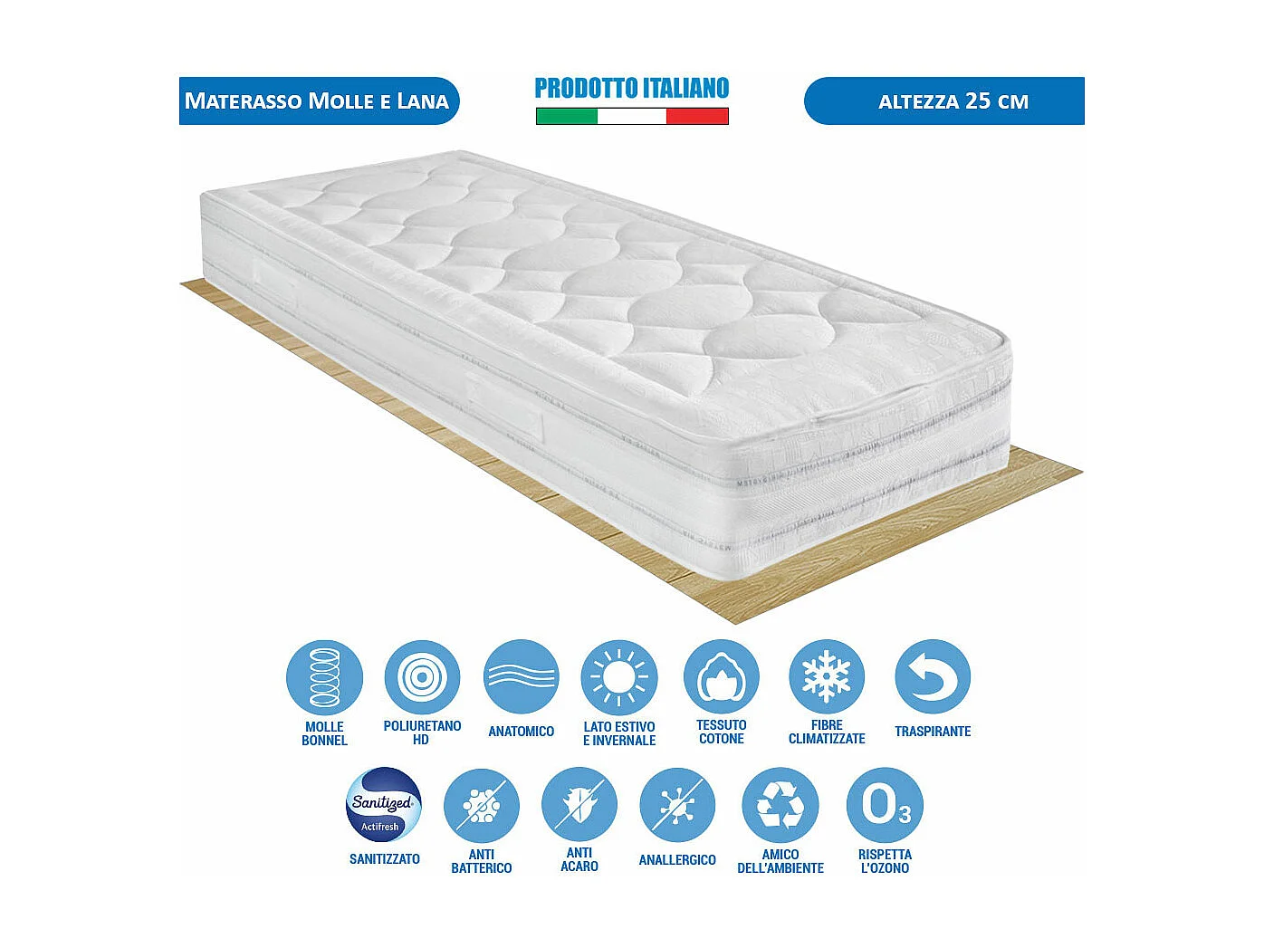 Materasso rigido Messico fino a 130 kg, singolo 80x190 cm, altezza 25 cm, lato estate/inverno con lana – Comprarredo