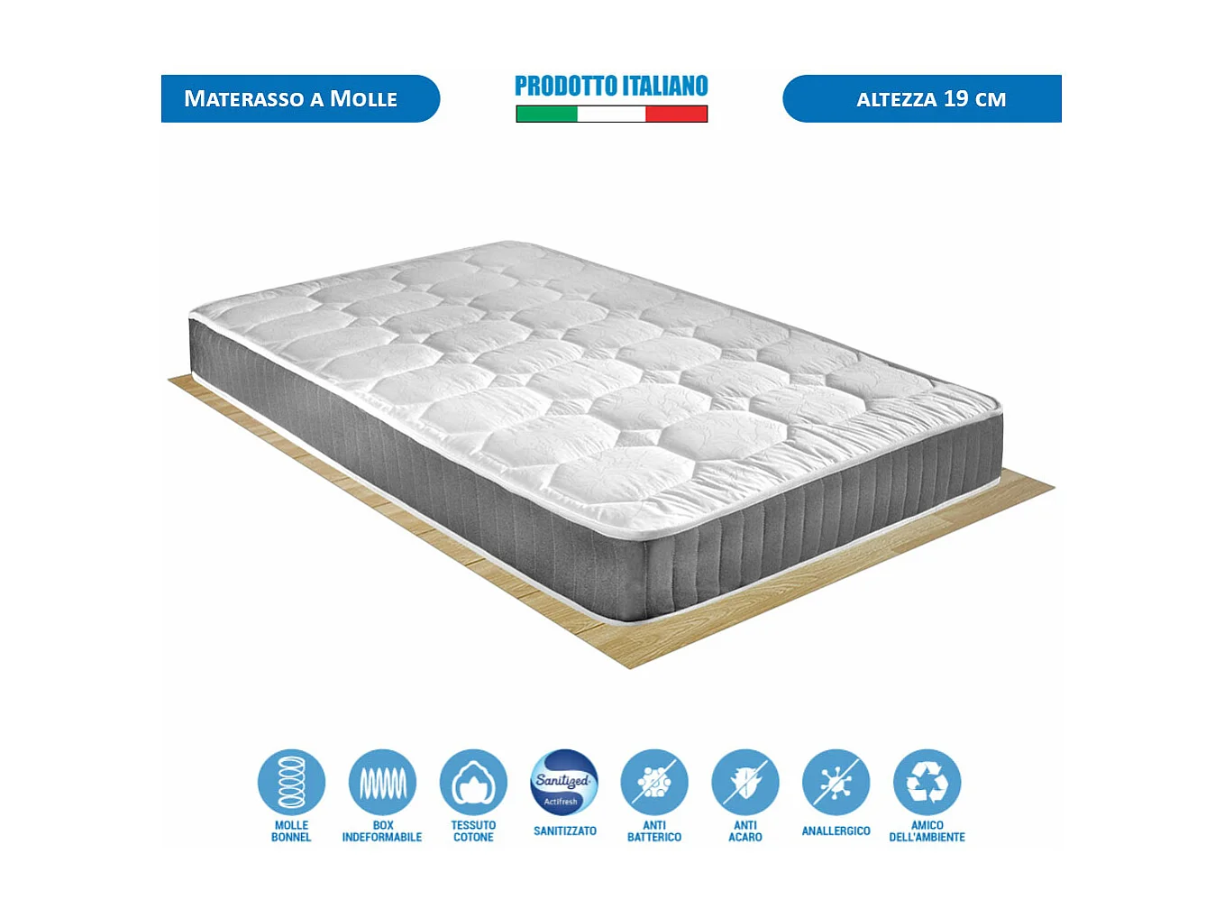 Materasso Ortopedico Panama a molle Bonnel, piazza e mezza 120x190 cm, altezza 19 cm, rigido, antiacaro e traspirante – Comprarredo