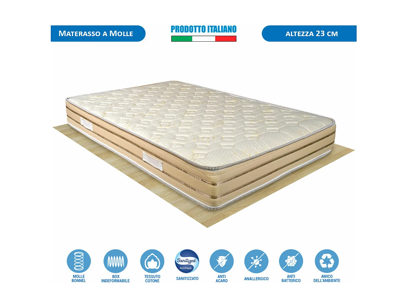 Materasso Corfù a molle in acciaio temperato, piazza e mezza 120x190 cm, altezza 23 cm, supporto perimetrale rinforzato – Comprarredo