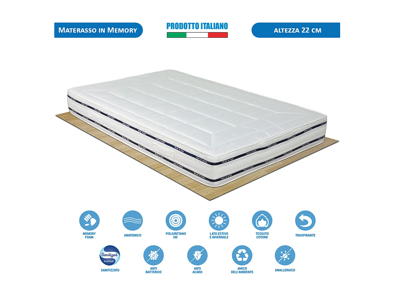 Materasso memory Finlandia piazza e mezza 120x190 cm, altezza 22 cm, antiacaro e anatomico, fascia traspirante e maniglie – Comprarredo