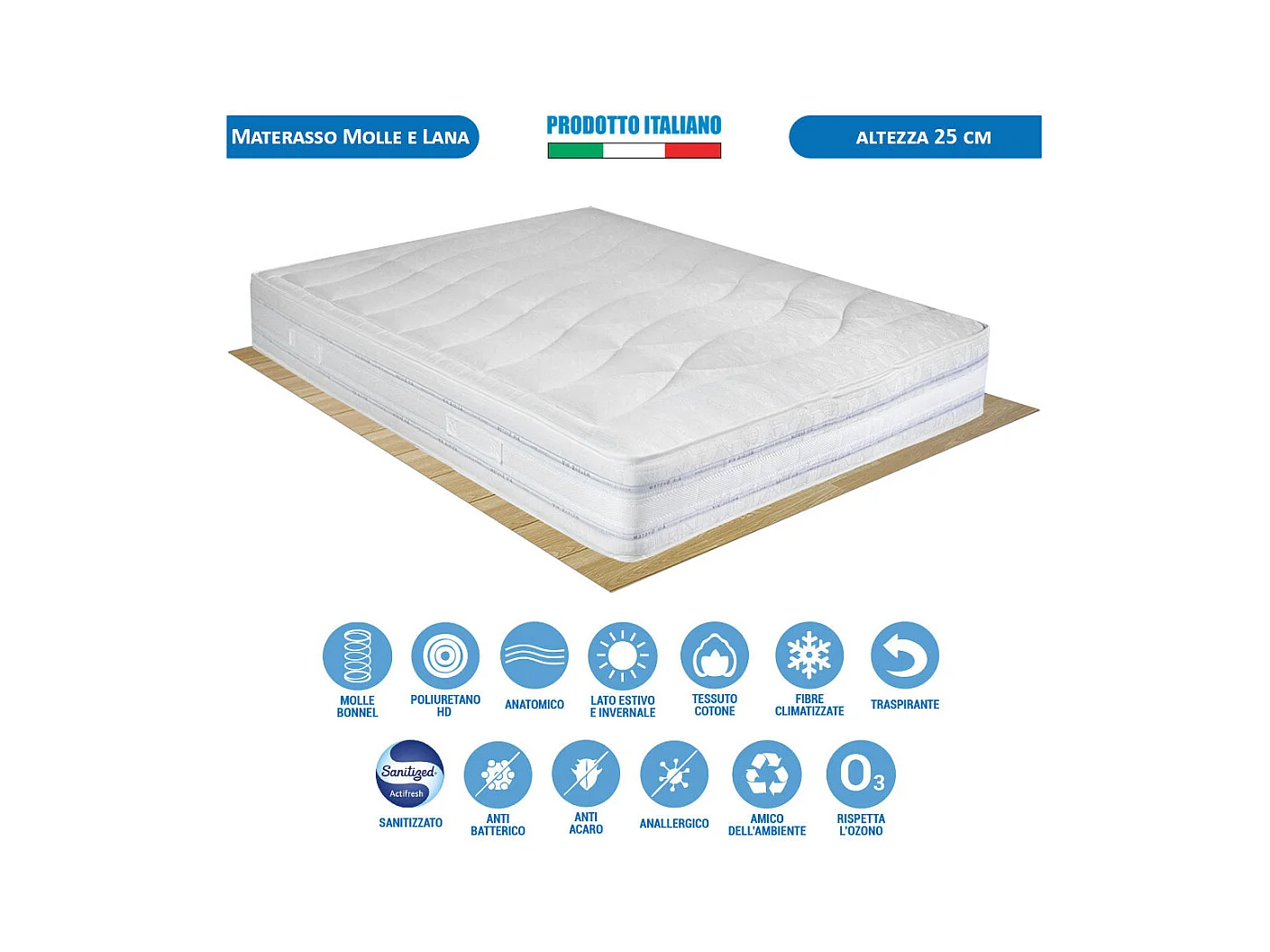 Materasso rigido Messico fino a 130 kg, matrimoniale 160x190 cm, altezza 25 cm, lato estate/inverno con lana – Comprarredo