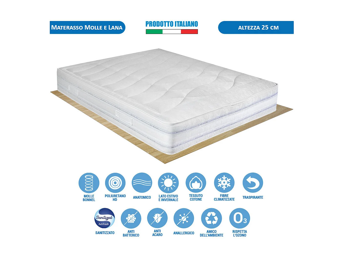 Materasso rigido Messico fino a 130 kg, matrimoniale 160x190 cm, altezza 25 cm, lato estate/inverno con lana – Comprarredo