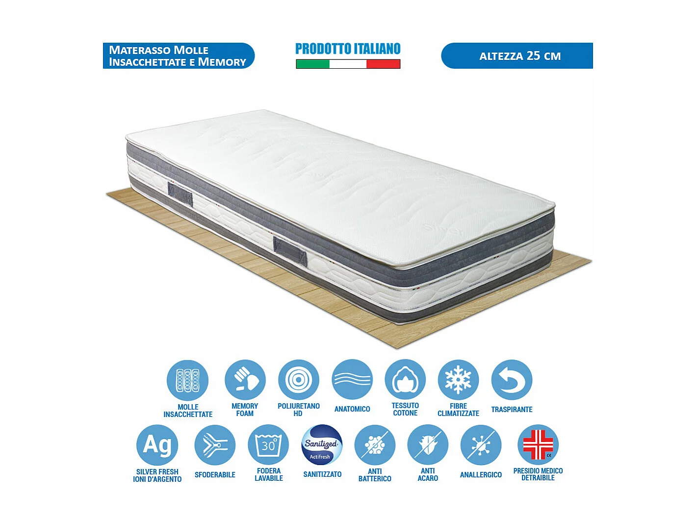 Materasso Tenerife a molle insacchettate e memory, singolo 80x190 H25, sfoderabile, fodera Silver – Comprarredo