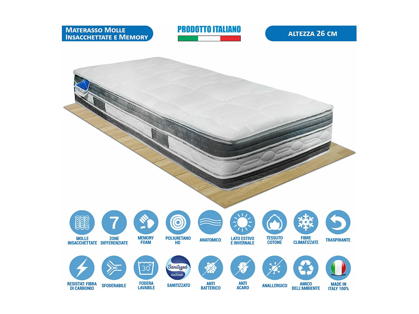 Materasso California a molle insacchettate e memory fresh, singolo 80x190 cm, fodera in thermofibra e carbonio – Comprarredo