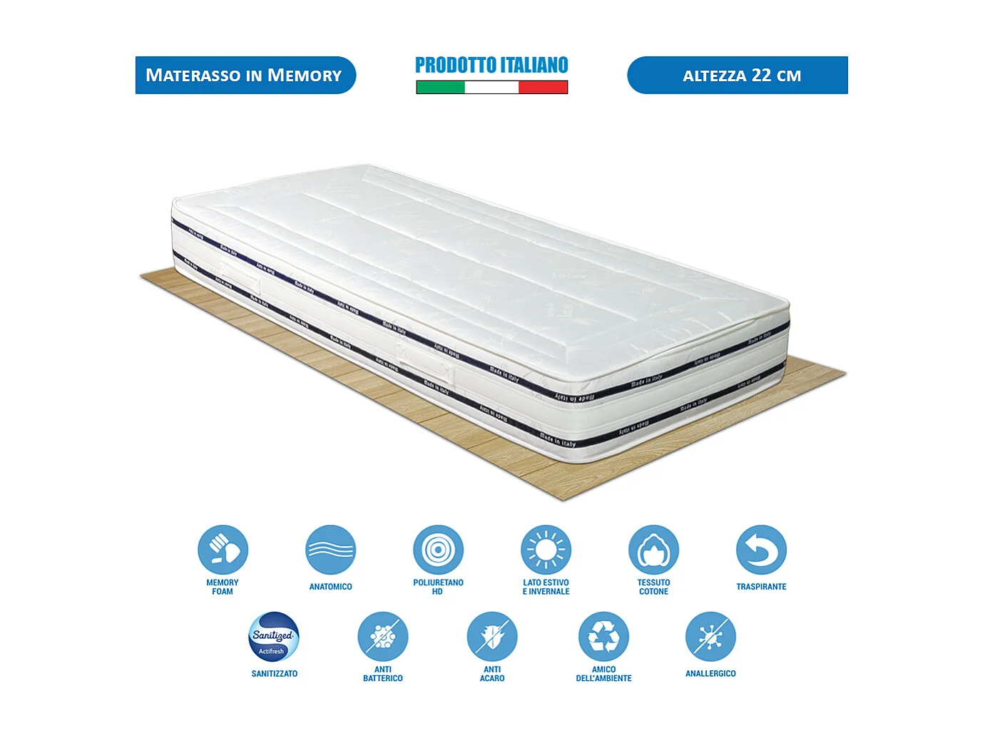 Materasso memory Finlandia singolo 80x190 cm, altezza 22 cm, antiacaro e anatomico, fascia traspirante e maniglie – Comprarredo