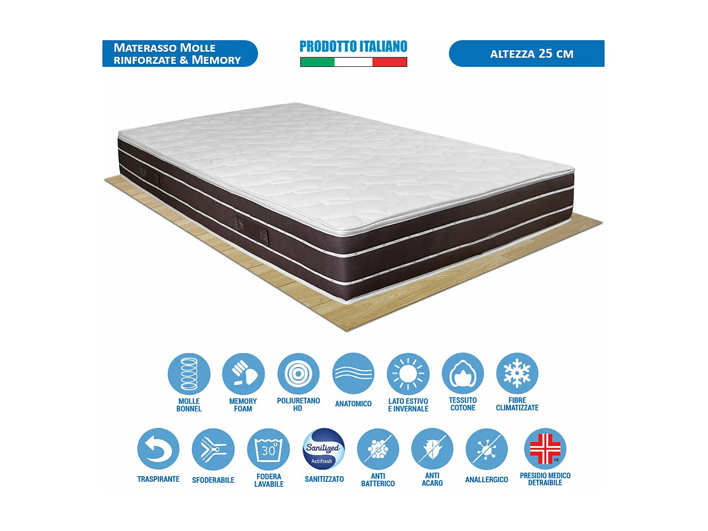 Materasso Molle e Memory Strong piazza e mezza 120x190 H25, molle biconiche con 3 cm memory, portanza 130 kg – Comprarredo