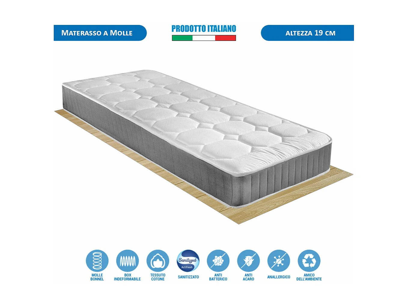 Materasso Ortopedico Panama a molle Bonnel, singolo 80x190 cm, altezza 19 cm, rigido, antiacaro e traspirante – Comprarredo