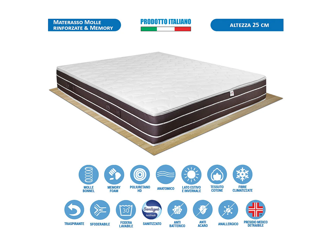 Materasso Molle e Memory Strong matrimoniale 160x190 H25, molle biconiche con 3 cm memory, portanza 130 kg – Comprarredo
