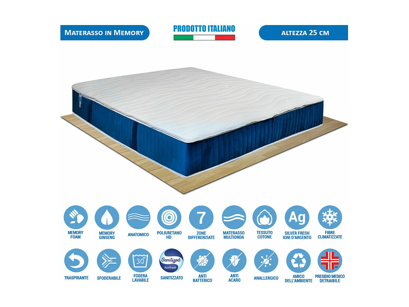 Materasso memory Florida Ginseng multionda 3 strati, matrimoniale 160x190 7 zone, fodera ioni d’argento H25 – Comprarredo