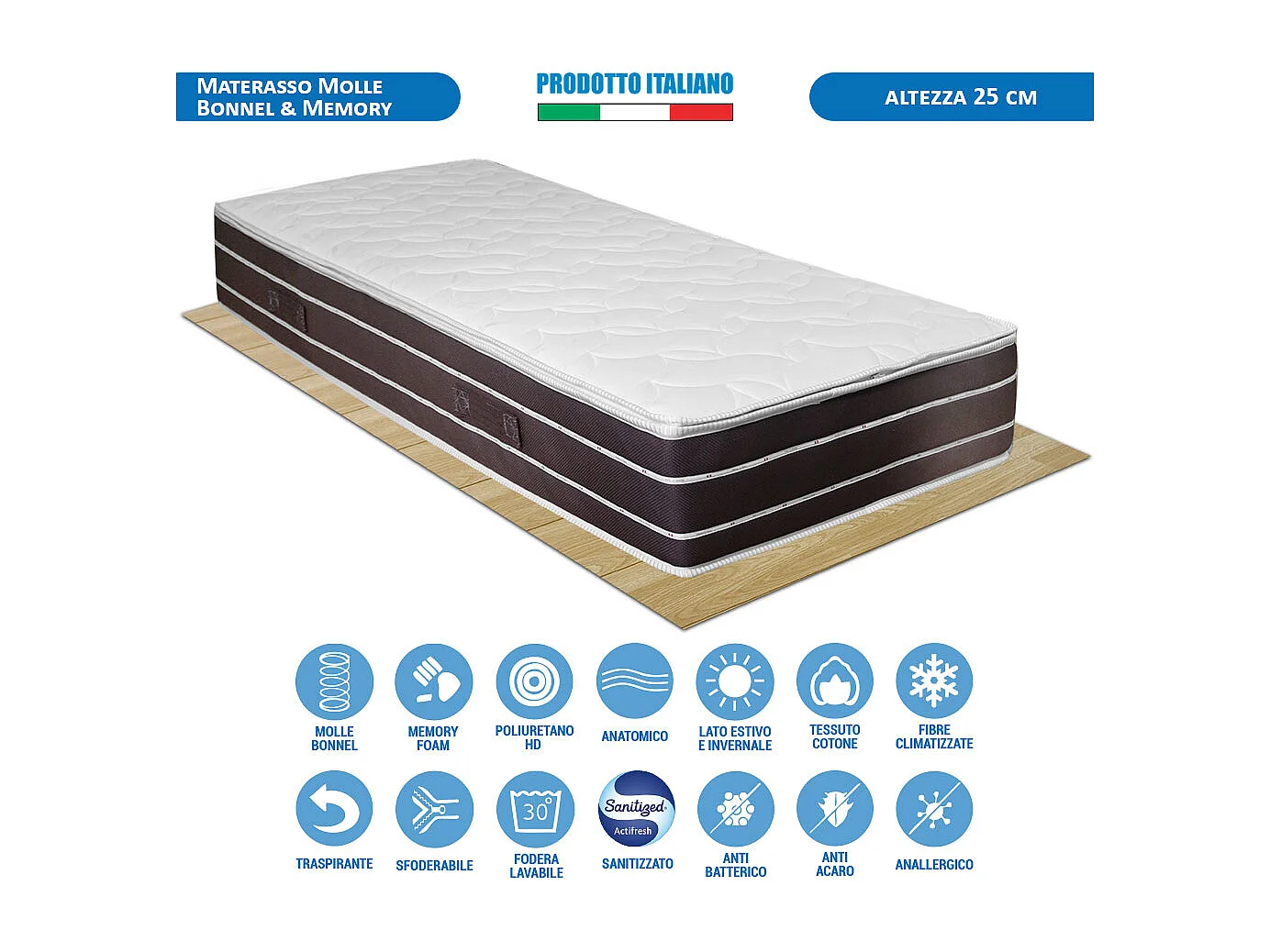 Materasso Molle e Memory Strong singolo 80x190 H25, molle biconiche con 3 cm memory, portanza 130 kg – Comprarredo