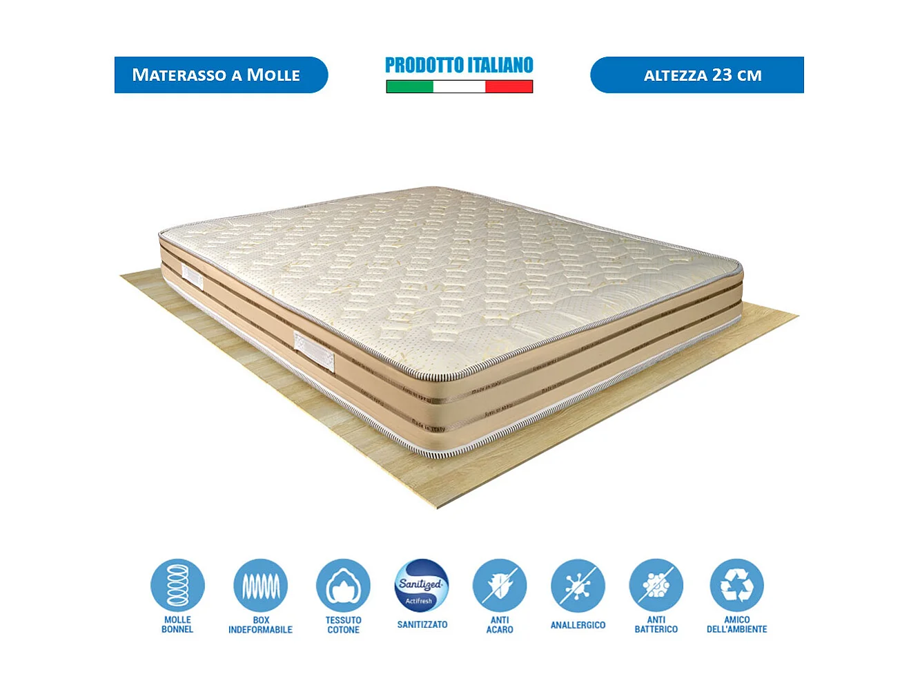 Materasso Corfù a molle in acciaio temperato, matrimoniale 160x190 cm, altezza 23 cm, supporto perimetrale rinforzato – Comprarredo