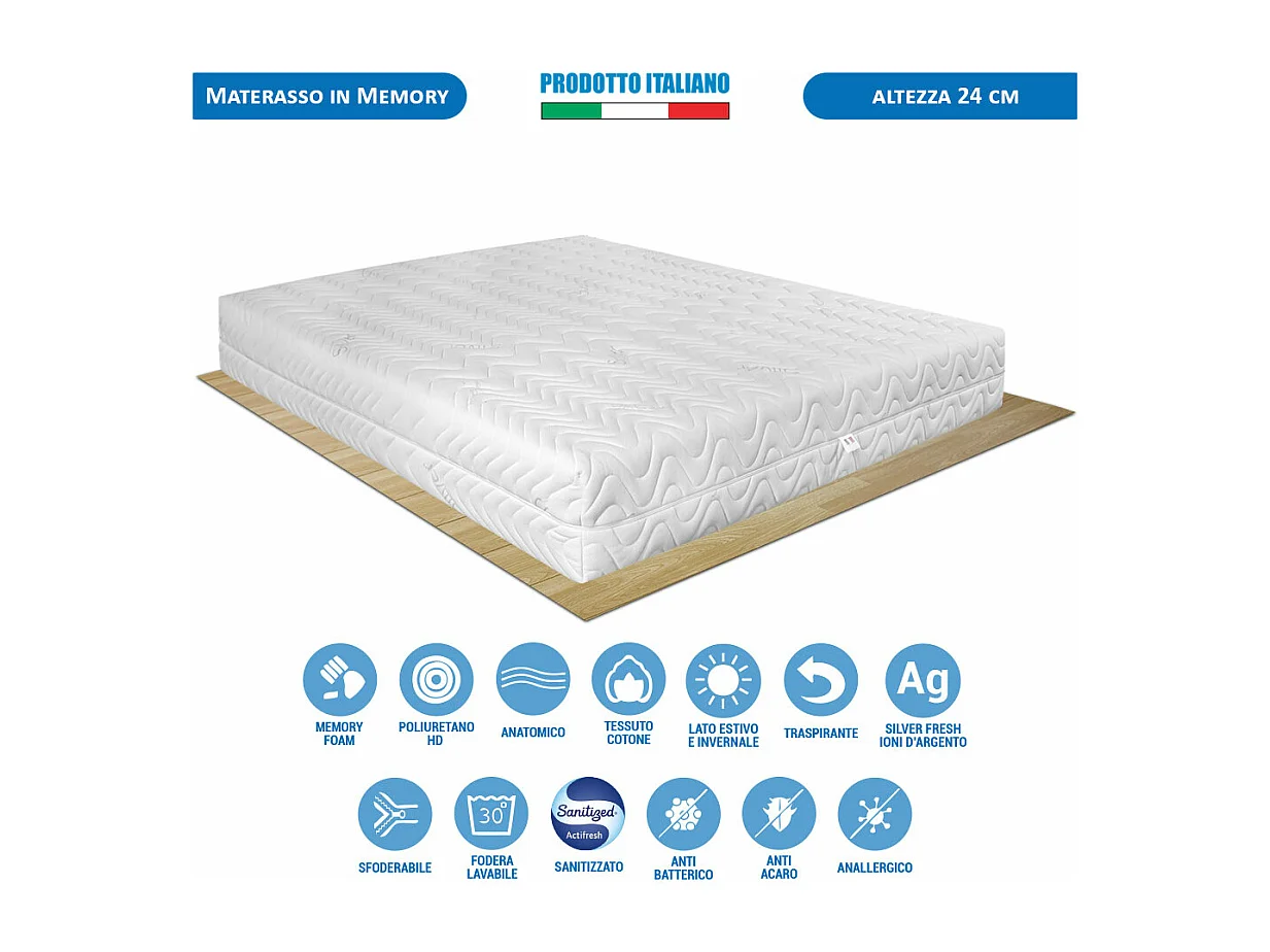 Letto matrimoniale 160x190 con materasso memory Portogallo 24cm agli ioni d'argento, rete ortopedica e cuscino fiocco memory - Comprarredo