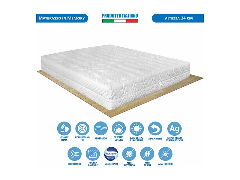 Letto matrimoniale 160x190 con materasso memory Portogallo 24cm agli ioni d'argento, rete ortopedica e cuscino fiocco memory - Comprarredo