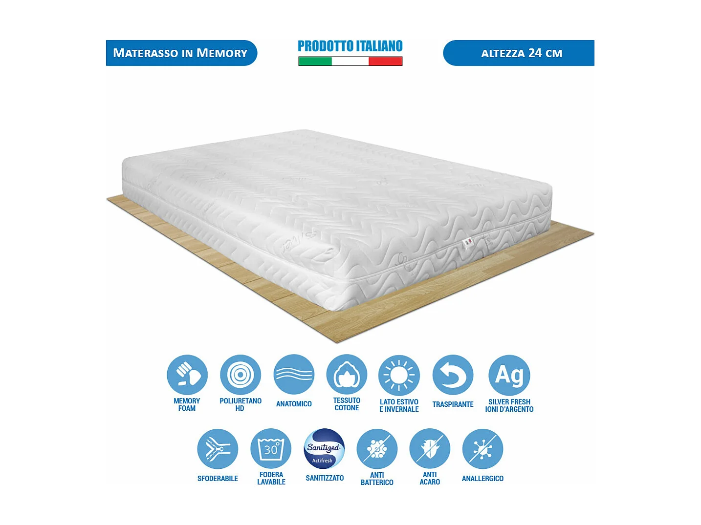 Letto piazza e mezza 120x190 con materasso memory Portogallo 24cm agli ioni d'argento, rete ortopedica e cuscino fiocco memory - Comprarredo