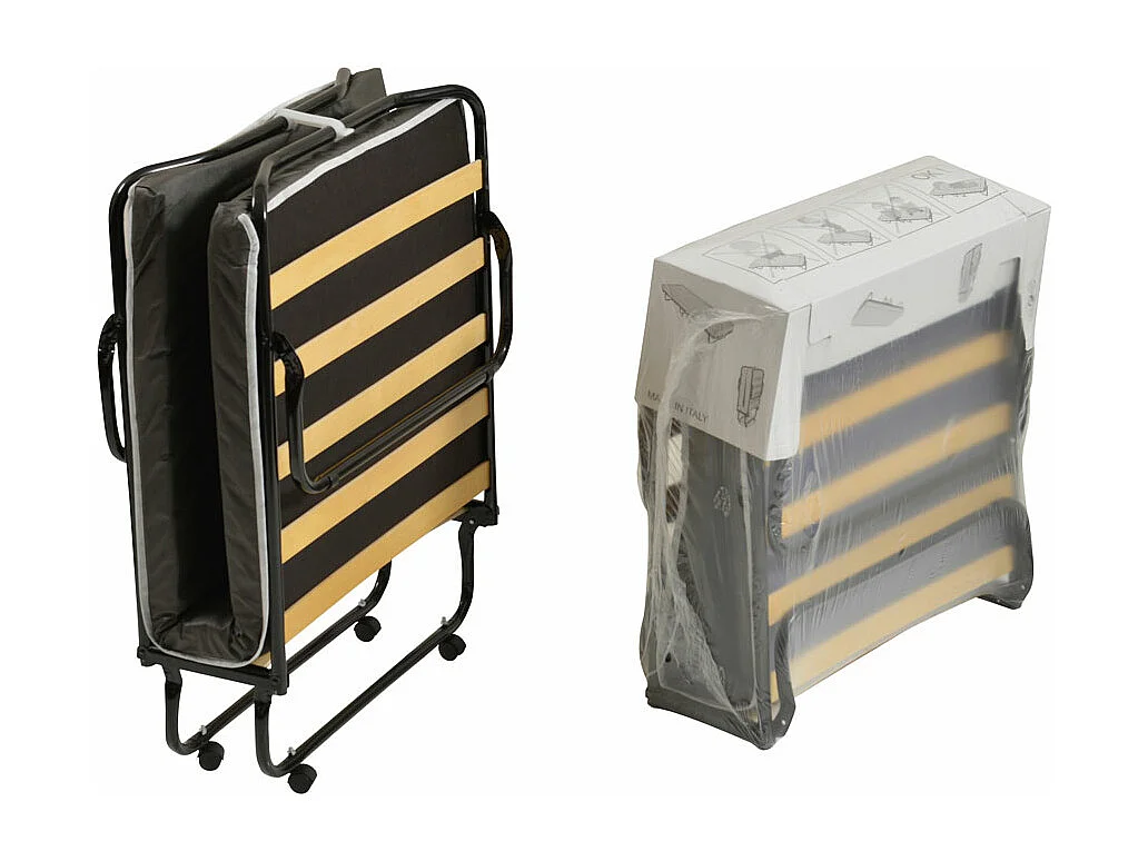 Letto pieghevole economico con materassino waterfoam 10cm, rete a doghe e telaio in metallo con rotelle - Comprarredo