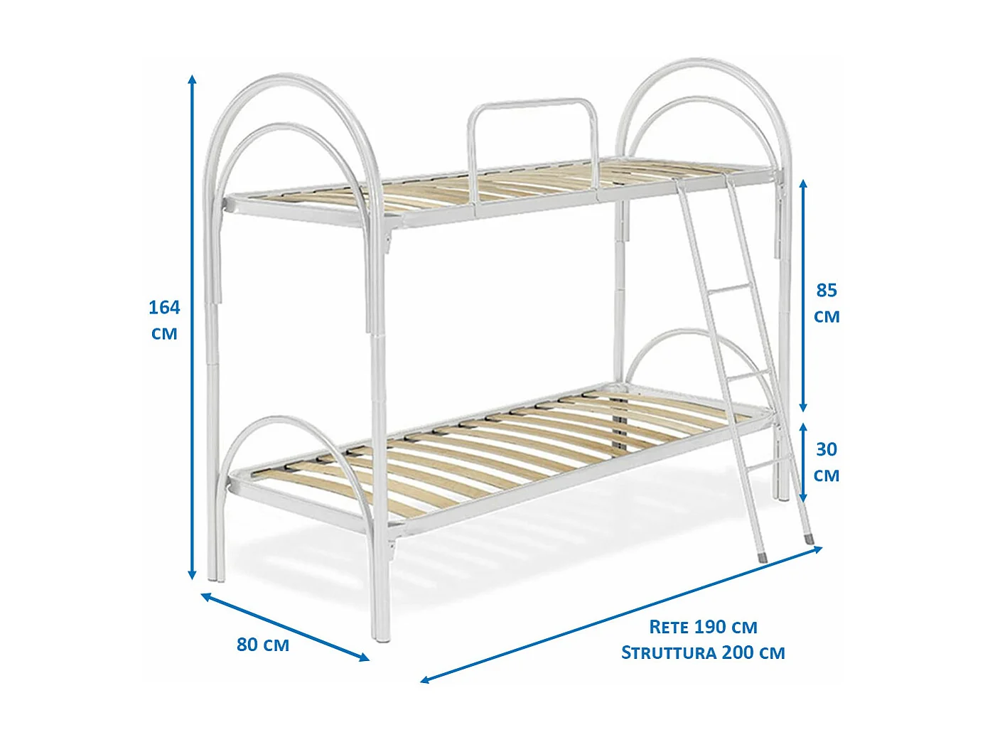 Letto a castello bianco modello Arco, letti singoli scomponibili 80x190, struttura in metallo e doghe in legno - Comprarredo