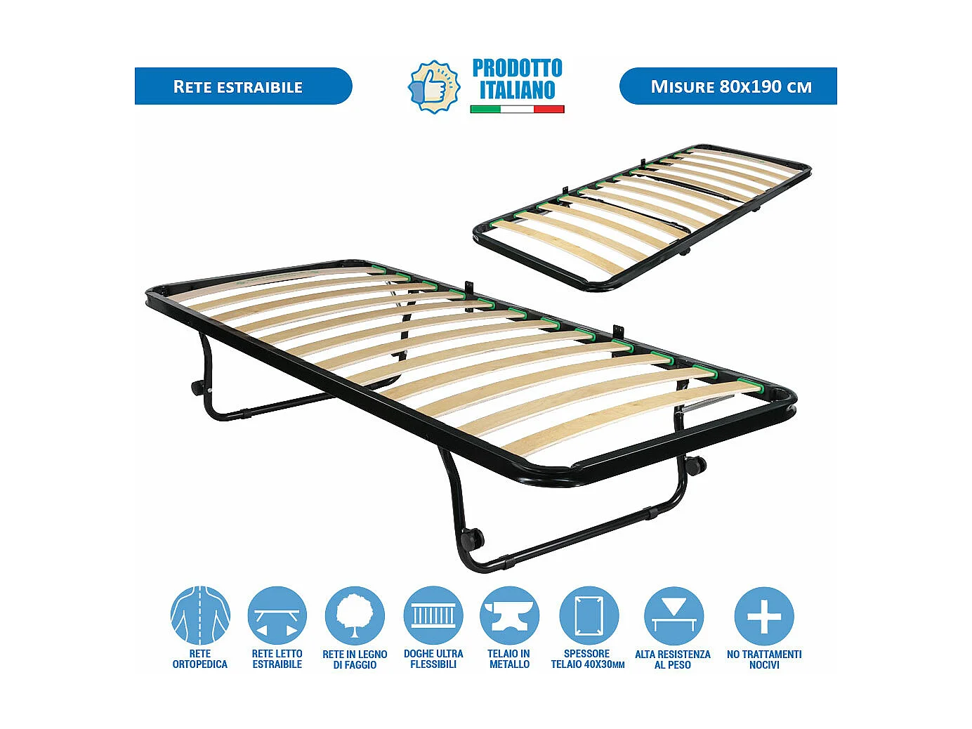 Rete estraibile pieghevole 80x190, con ruote, adatta per letti a cassetto o a scomparsa, con piedi retraibili - Comprarredo