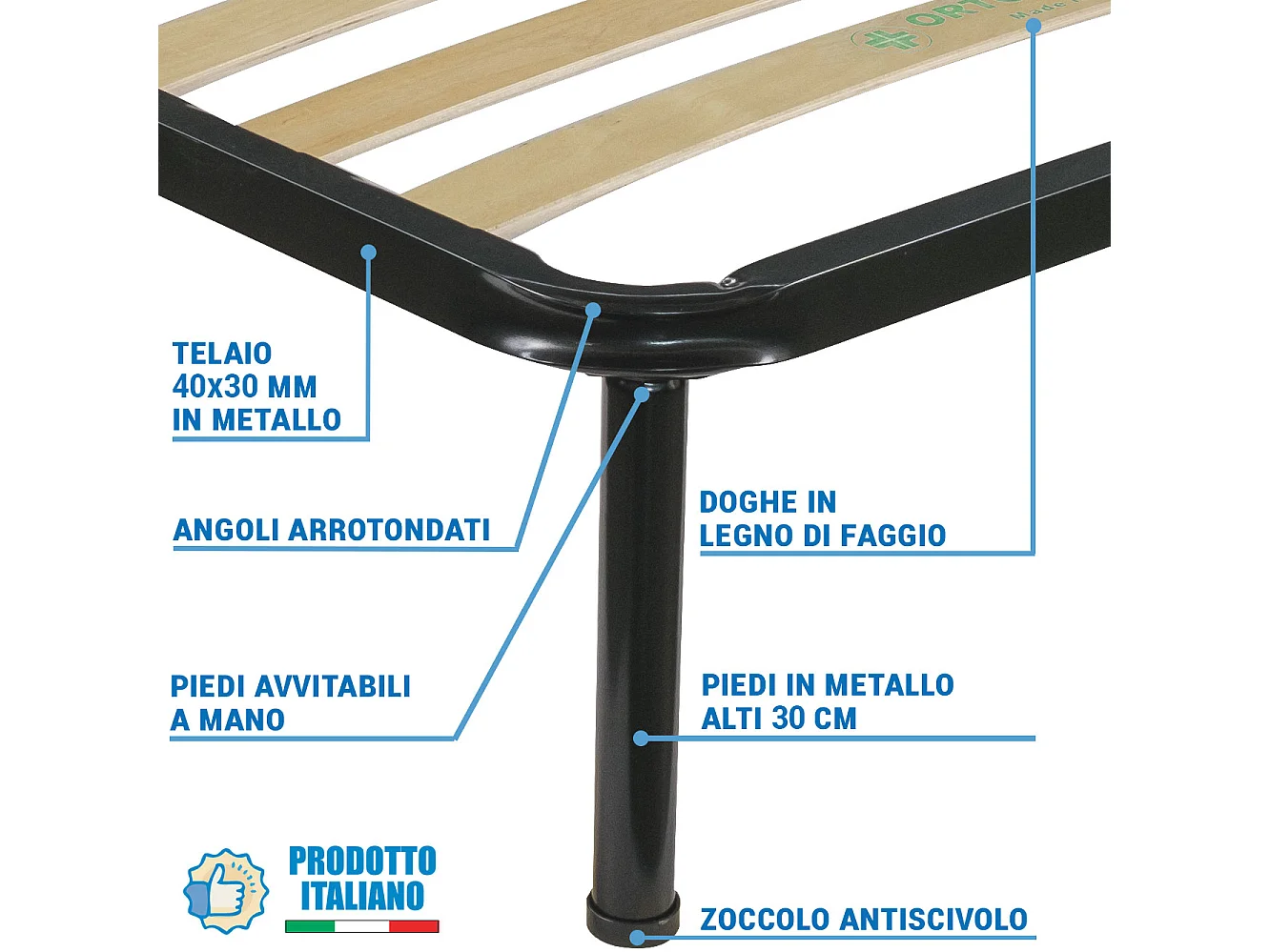 Rete ortopedica singola 90x190 con telaio in metallo e doghe flessibili in legno, adatta per letti singoli - Comprarredo